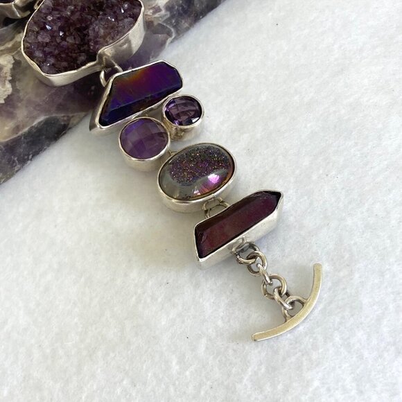 Chris Bales Sterling Silver 925 Heavy Amethyst Druzy Multi Gemstone Bracelet 61g - Picture 14 of 16